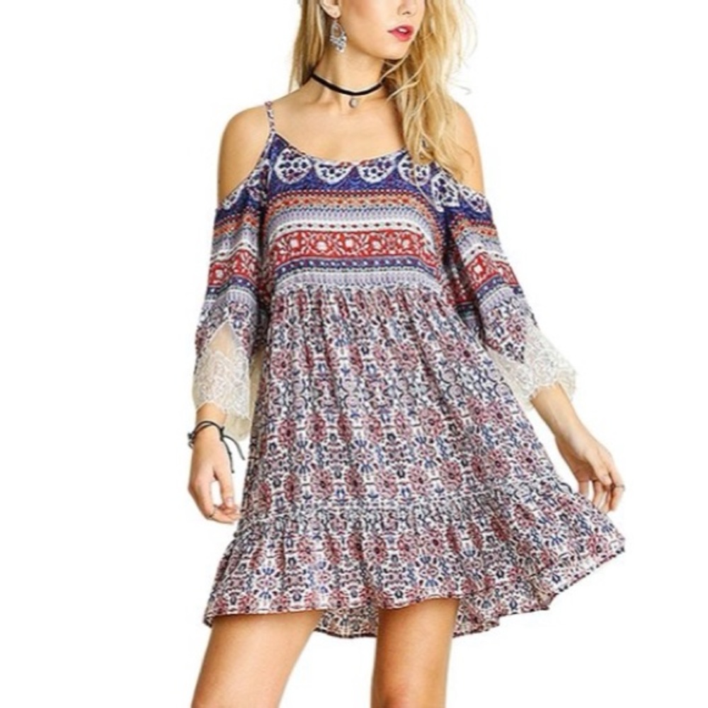 Umgee Geometric Cold Shoulder Cutout Swing Dress M